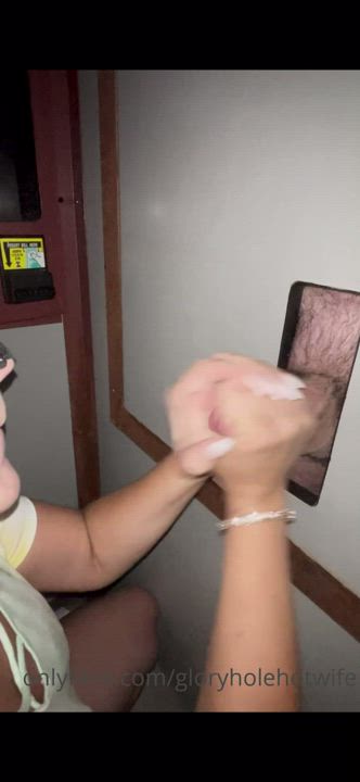 Onlyfans.com/gloryholehotwife  <strong>@gloryholehotwife</strong> in glory hole cumshot handjob porn video